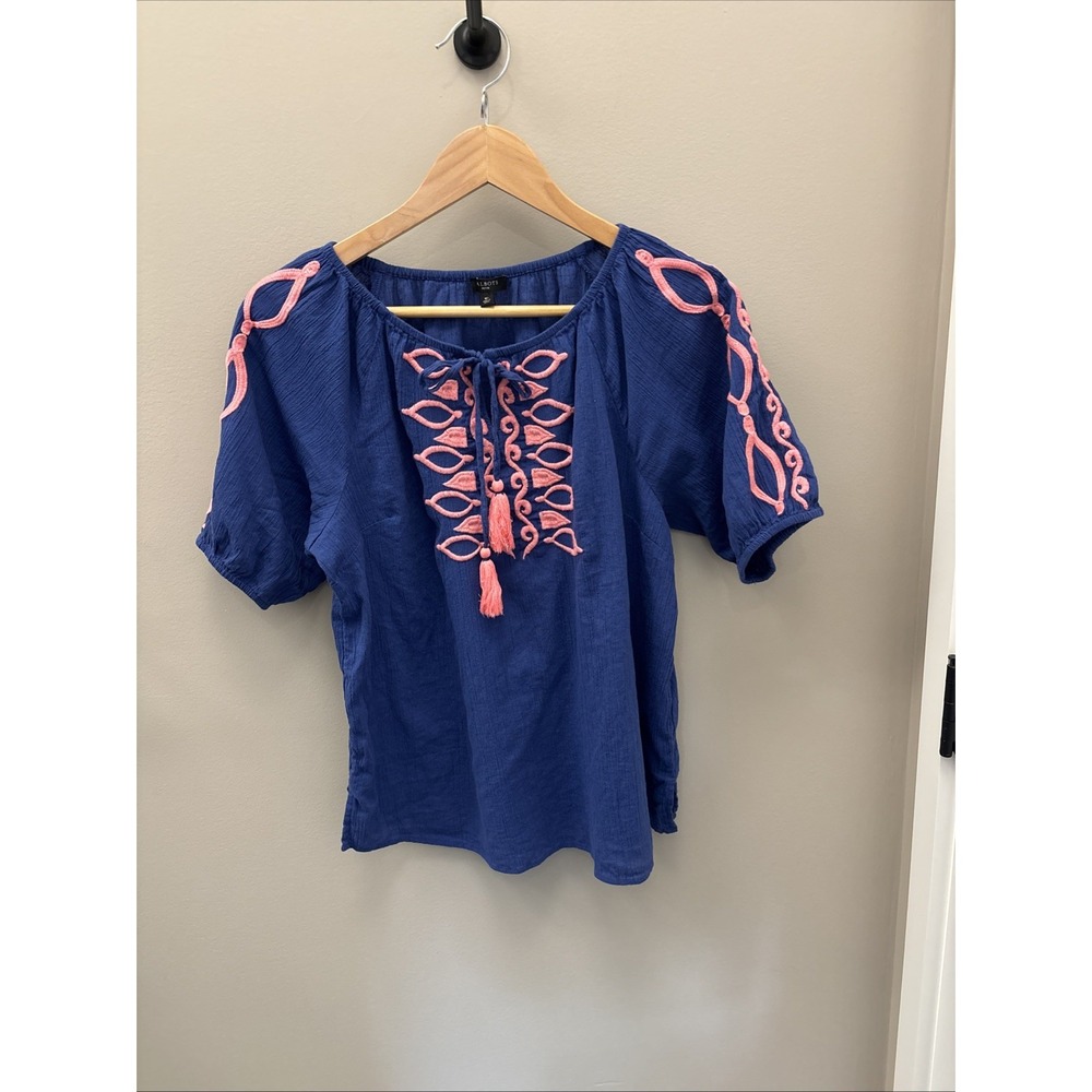 Talbots Petite Embroidered Tassel Tie Neck  Blouse Top Women's P/M Cotton India